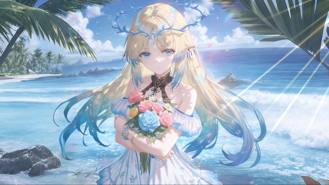 3k金发动漫美女壁纸｜海滩背景图片 - 花束白裙「哲风壁纸」