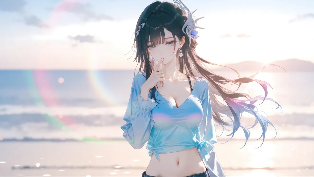3k动漫美女海边壁纸｜蓝上衣背景图 - 长发「哲风壁纸」