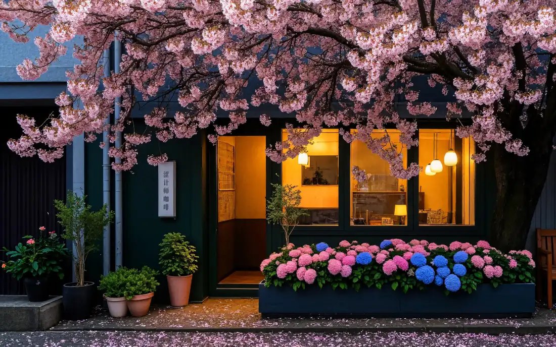 4k咖啡店樱花树日系街道壁纸｜樱花洒落 - ins风「哲风壁纸」