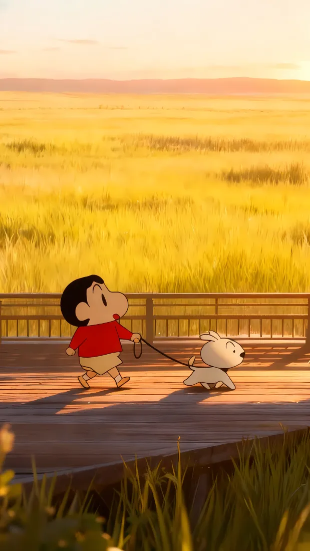 蜡笔小新小白手机壁纸｜麦田木桥 - 黄昏田野「哲风壁纸」