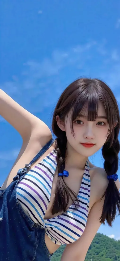 双马尾美女手机壁纸｜蓝天青山背景 - 夏日穿搭「哲风壁纸」