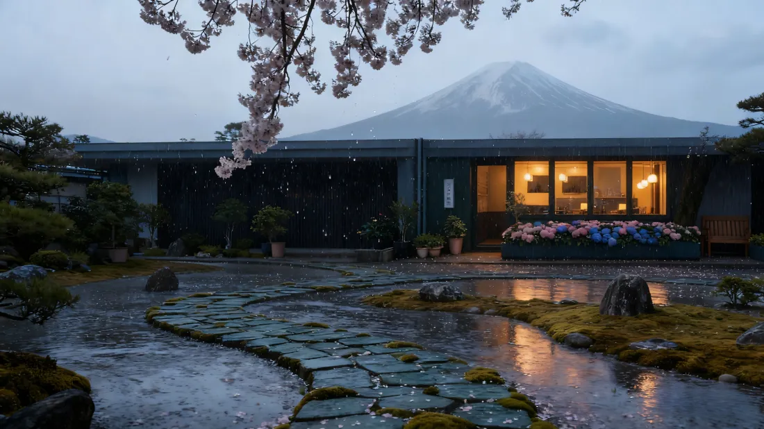 3k富士山日式建筑暖灯壁纸｜雨夜樱花庭院 - 风景「哲风壁纸」