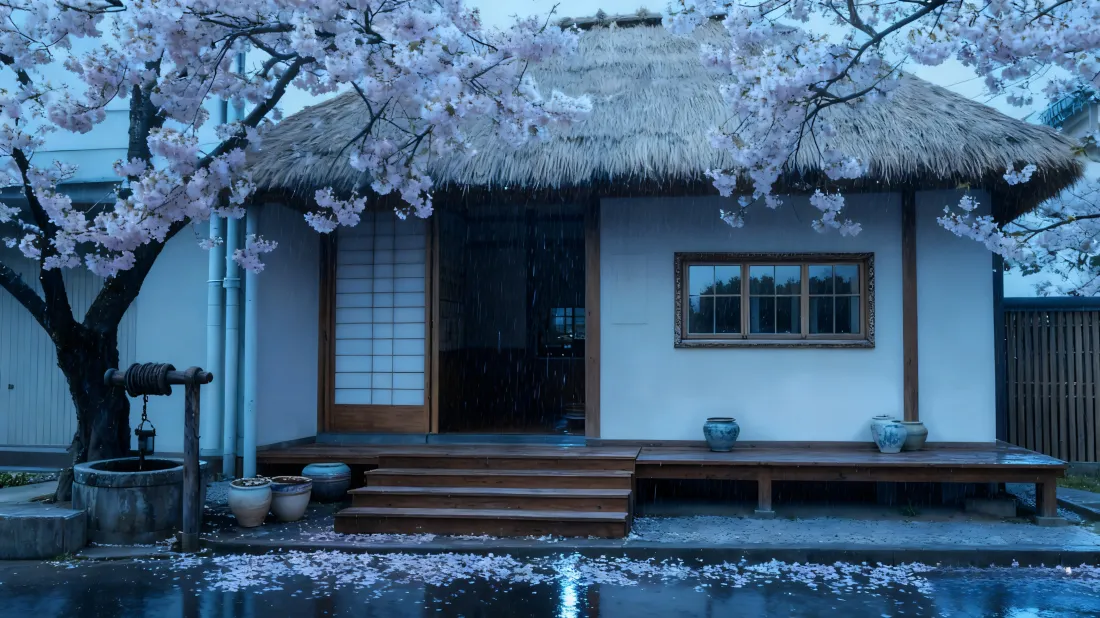 3k日式建筑樱花壁纸｜茅草屋池塘背景图片 - 樱花庭院「哲风壁纸」