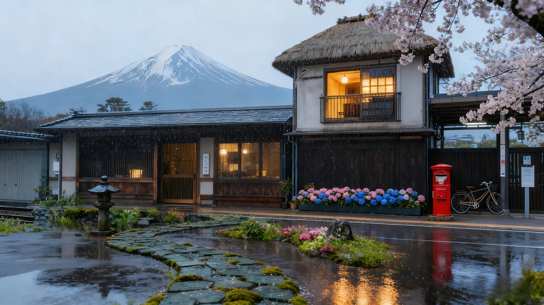 3k日式建筑富士山壁纸｜暖灯樱花 - 雨后庭院「哲风壁纸」