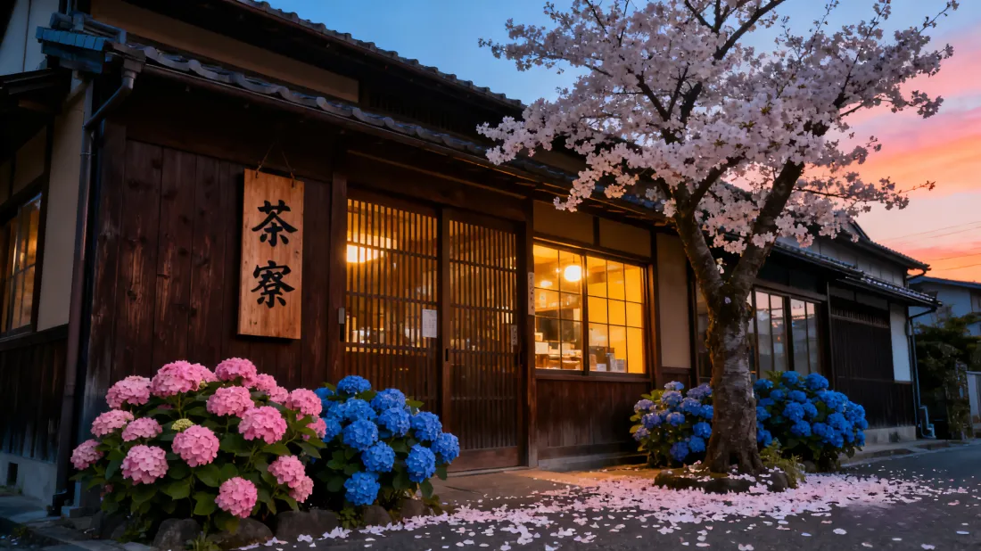 3k日式小屋暖灯樱花壁纸｜黄昏绣球花背景图片 - 茶寮「哲风壁纸」