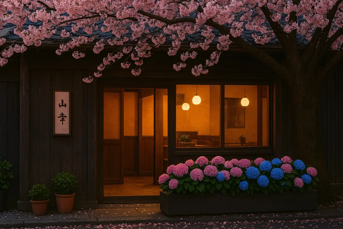 3k日式小屋樱花壁纸｜ins风背景图 - 暖灯花丛「哲风壁纸」