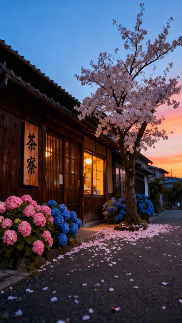 日式建筑樱花树手机壁纸｜黄昏花簇 - ins风「哲风壁纸」