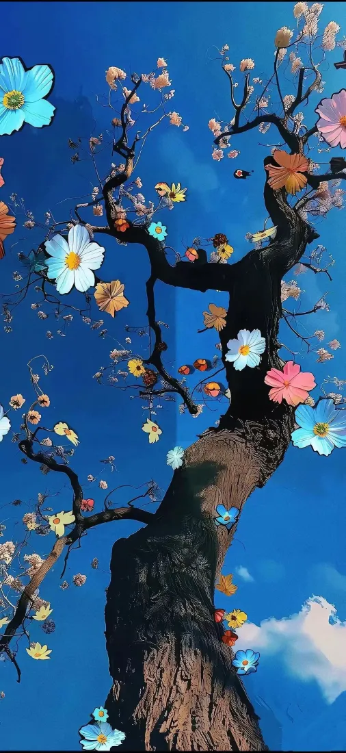 艺术树花朵手机壁纸｜蓝色天空背景 - 自制艺术「哲风壁纸」