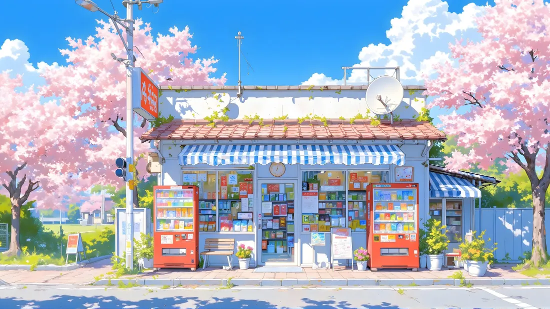 4k晴天商店便利店壁纸｜樱花树春日 - 蓝天街道「哲风壁纸」