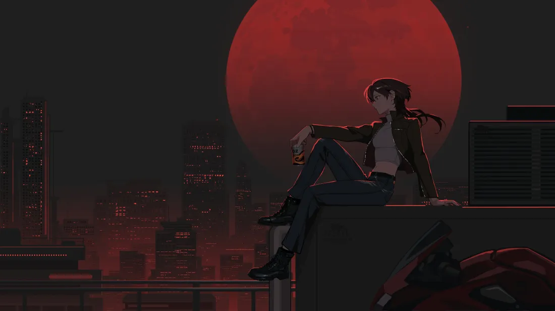 4k动漫少女红月壁纸｜暗黑城市夜景 - 坐姿「哲风壁纸」