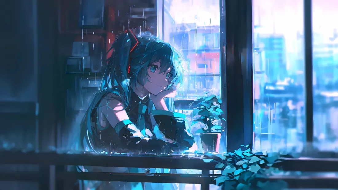 16k初音未来壁纸｜黑蓝城市窗台雨夜 - 盆栽「哲风壁纸」