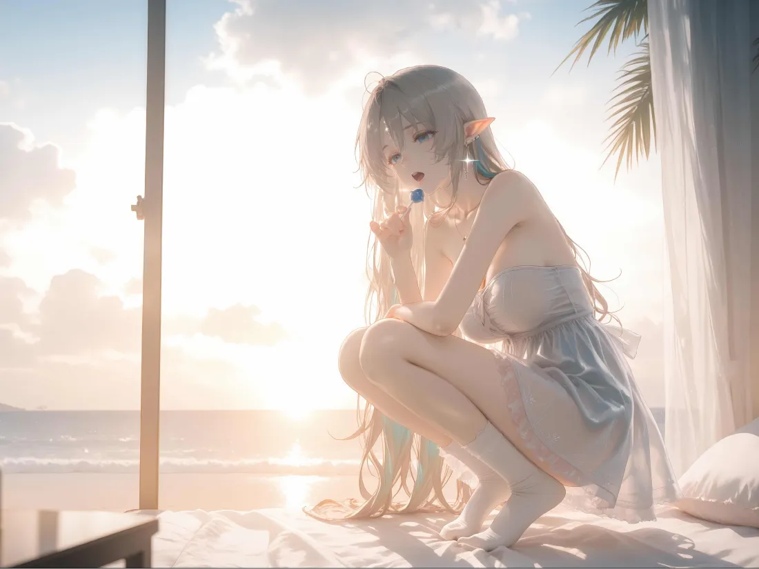 4k动漫美女海边壁纸｜阳光沙滩 - 精灵耳少女「哲风壁纸」