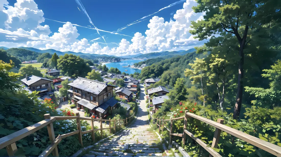 4k日式乡村街道壁纸｜绿树房屋背景图片 - 治愈系「哲风壁纸」