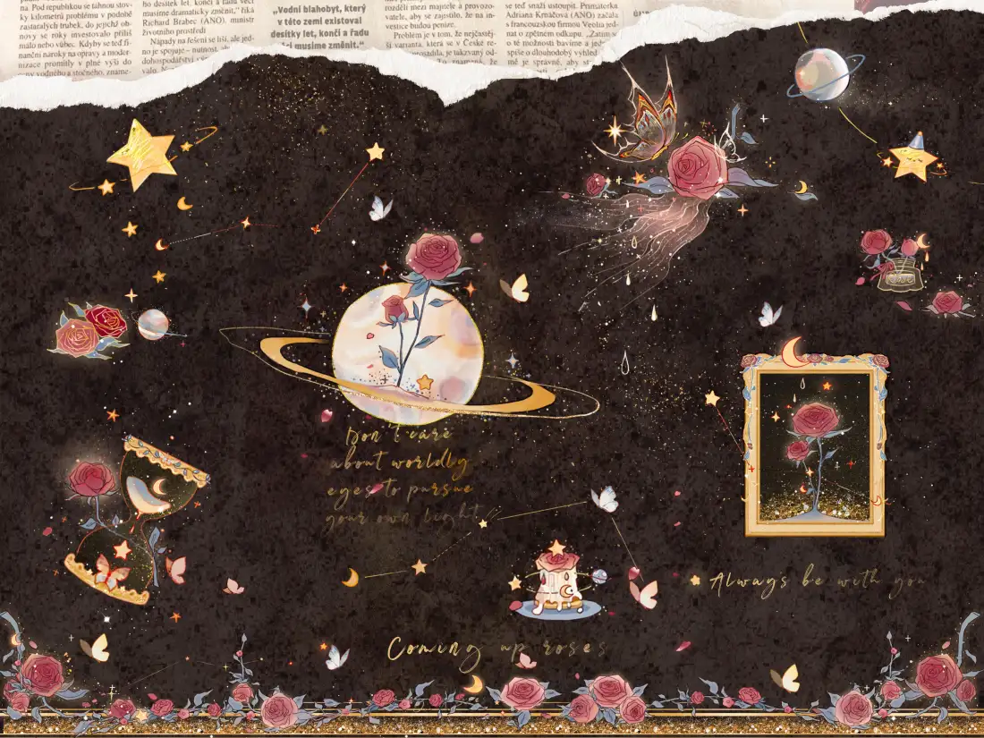 3k手绘玫瑰星球壁纸｜艺术背景 - 星星蝴蝶「哲风壁纸」