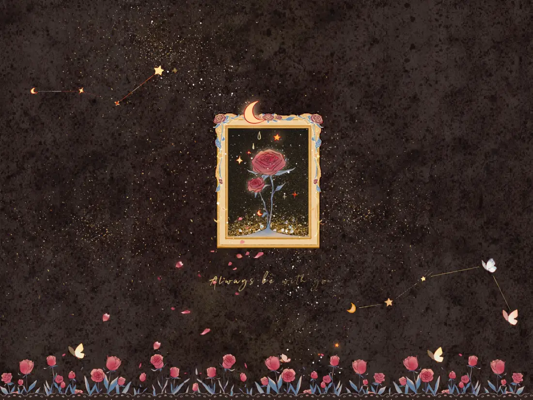 3k手绘玫瑰壁纸｜暗色背景 - 相框蝴蝶星星「哲风壁纸」