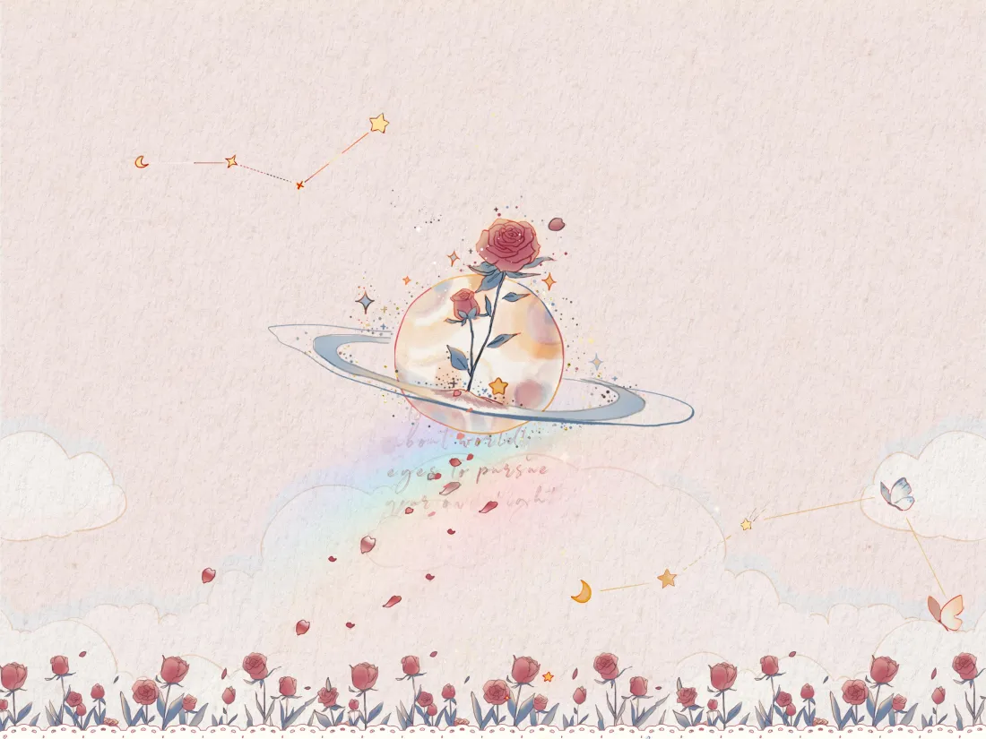 3k手绘玫瑰星球壁纸｜梦幻背景 - 彩虹蝴蝶「哲风壁纸」