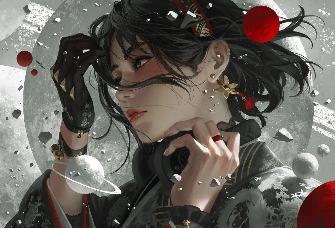 3k古风黑发女子壁纸｜破碎背景 - 红饰「哲风壁纸」