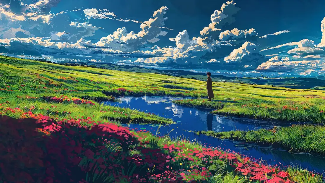 3k田野花丛壁纸｜自然风景背景 - 河流天空「哲风壁纸」