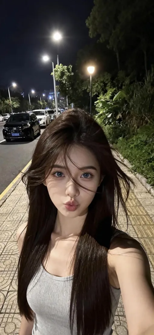 长发美女夜景自拍手机壁纸｜街道 - 灰背心「哲风壁纸」