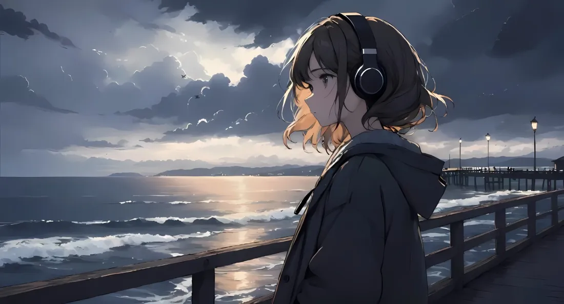 2k动漫女孩海边耳机壁纸｜黄昏海浪背景 - 动漫「哲风壁纸」
