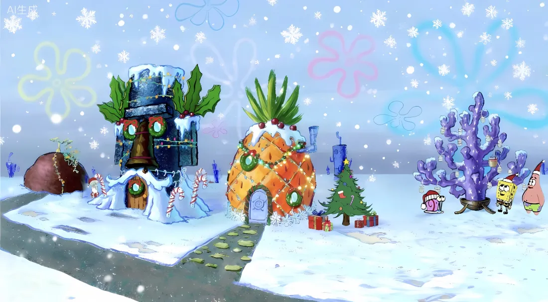 2k海绵宝宝雪景壁纸｜冬季动漫背景图片 - 菠萝屋「哲风壁纸」