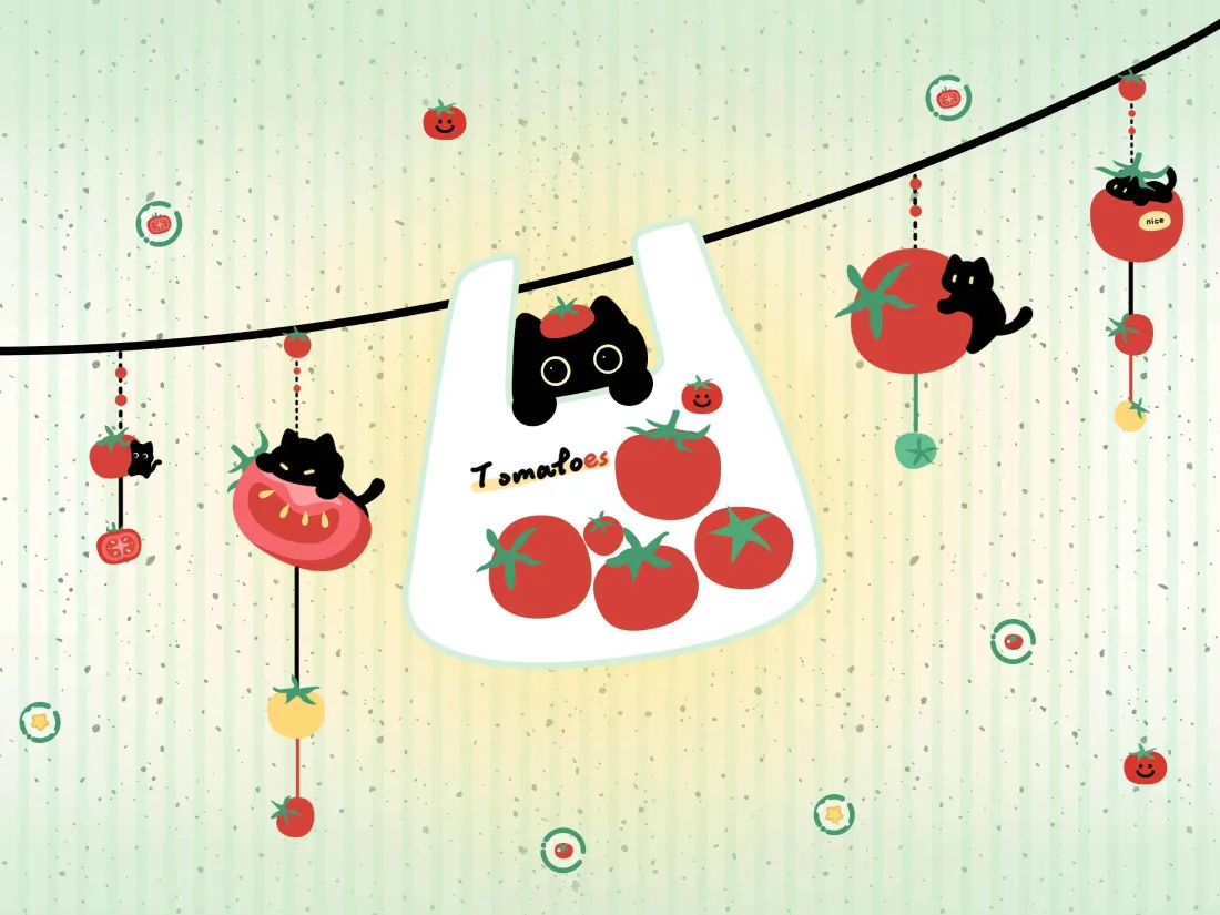 3k黑猫番茄手绘风壁纸｜卡通背景 - 童趣「哲风壁纸」