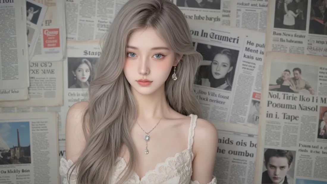 7k银发美女壁纸｜报纸墙背景 - 白色蕾丝「哲风壁纸」