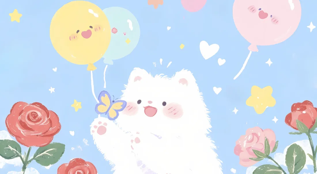 2k卡通小狗壁纸｜浅蓝色背景 - 气球玫瑰蝴蝶「哲风壁纸」