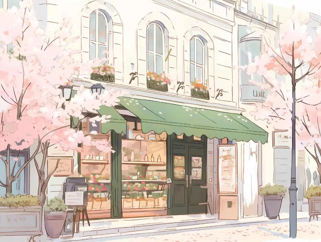 2k手绘樱花街景小店壁纸｜春日街道 - 插画「哲风壁纸」