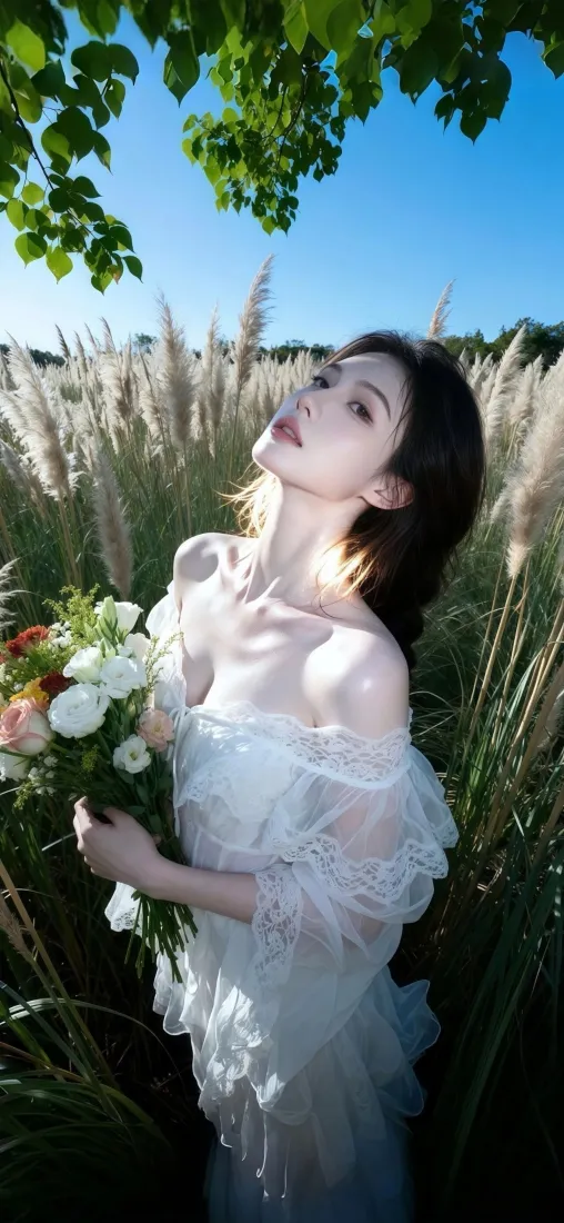 白衣蕾丝美女花束手机壁纸｜草丛蓝天 - 清新「哲风壁纸」