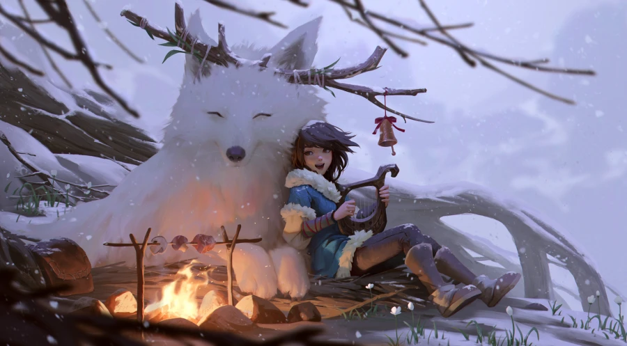 2k黑发壁纸-草-《雪》-狼「哲风壁纸」